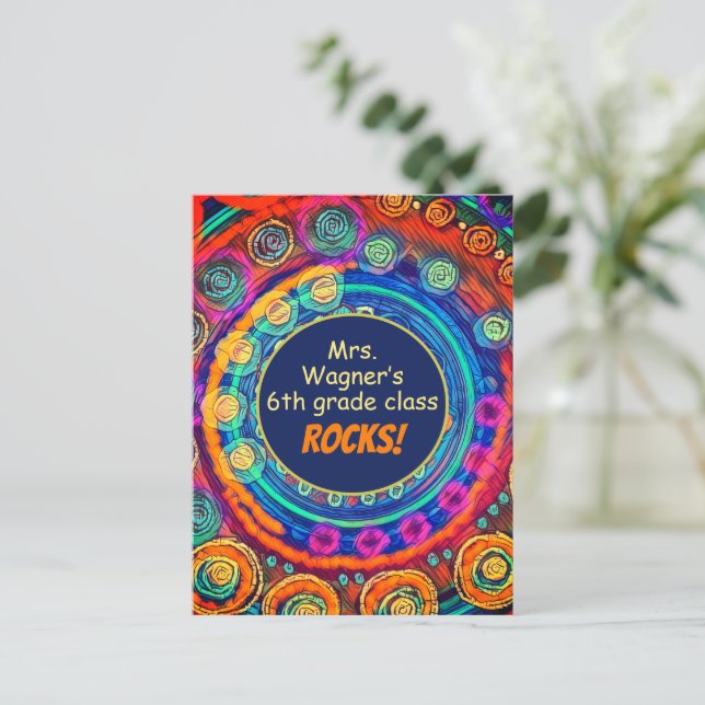Teacher’s Name and Class Rock, Colourful Fun Postcard (Standing Front)