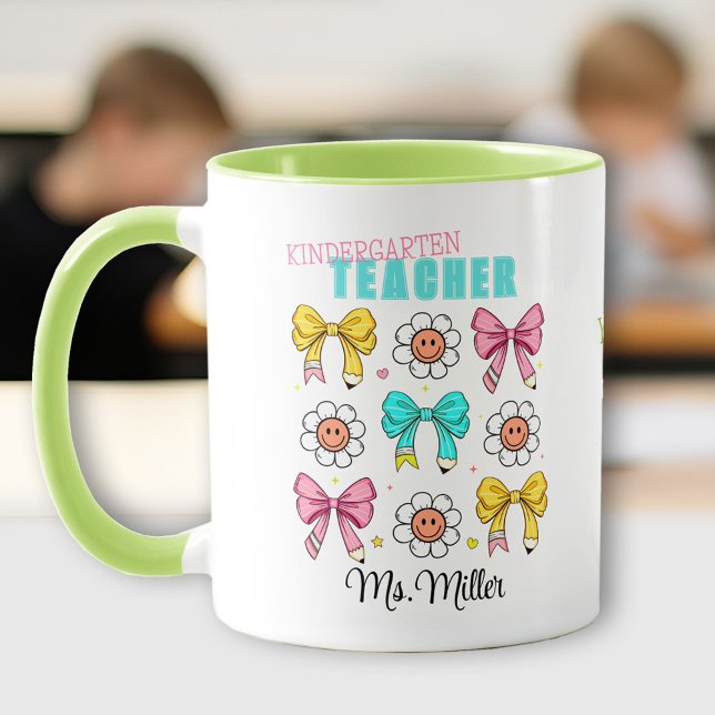 Teacher School Cute Colourful Bow Pencil Smile Nam Mug (Teacher School Cute Colorful Bow Pencil Smile Name Mug)