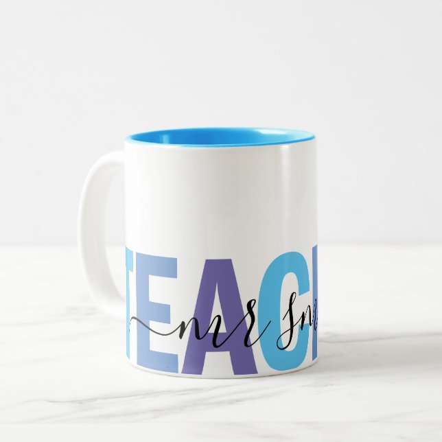 Teacher Script Name Blue and Purple School Two-Tone Coffee Mug (Front Left)