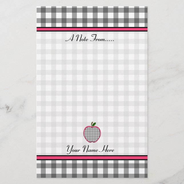 Teacher Stationery - Charcoal Grey Gingham Apple (Front)