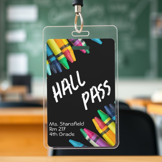 Teacher Student Crayon Class Bathroom Hall Pass Badge (black and white crayon teacher student hall pass badge)
