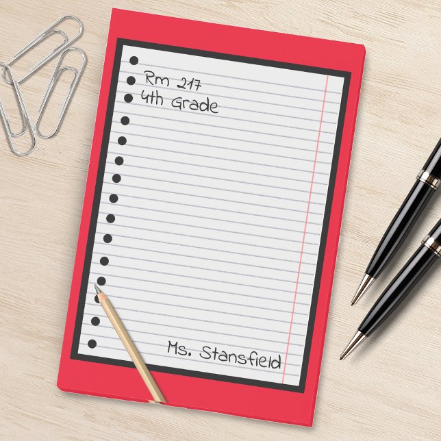Teacher Student Paper Classroom Loose Leaf Paper Post-it Notes (red lined paper pencil school teacher notepad)