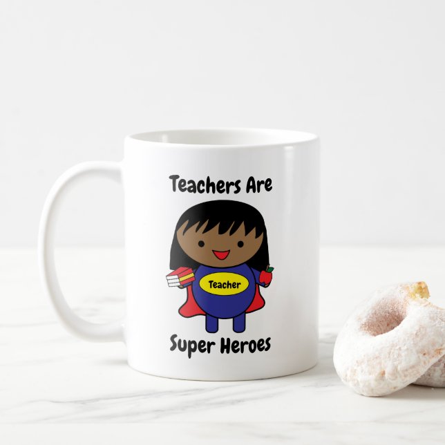 Teacher Super Hero Black Woman Personalize Coffee Mug (With Donut)