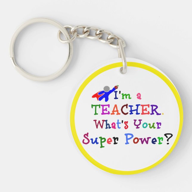 Teacher Superhero with Yellow Circle Frame Keychain (Front)