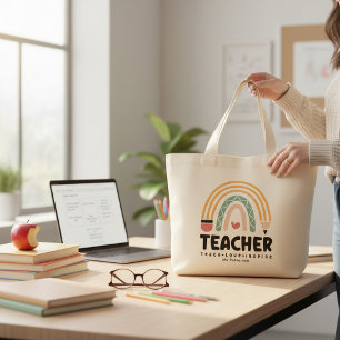 Teacher Teach Love Inspire Rainbow Personalized Large Tote Bag