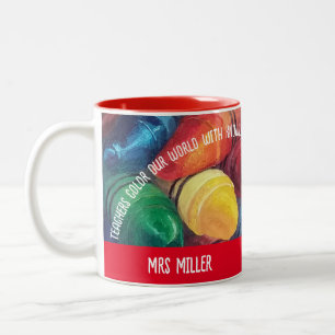 Teacher Thank You Color Our World Crayon Name Red Two-Tone Coffee Mug