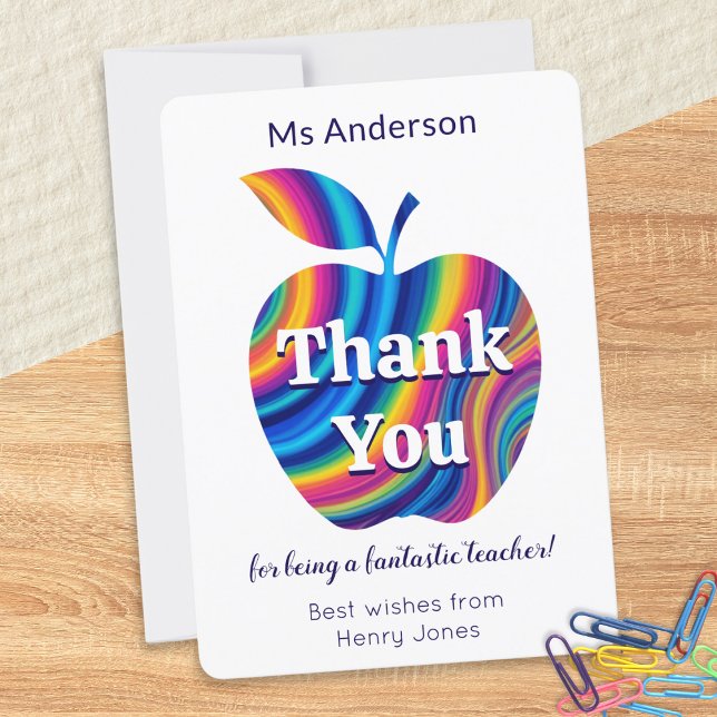 Teacher Thank You Colourful Apple Personalized Holiday Card (A personalized Thank You card to show appreciation for a teacher, with colorful swirly apple picture)