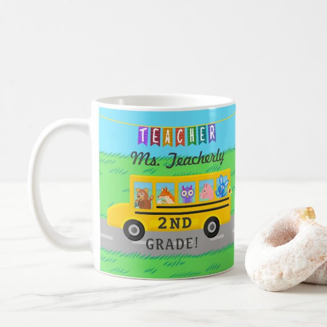 Teacher Thank You Custom Name | Cute Bus Animals Coffee Mug (With Donut)