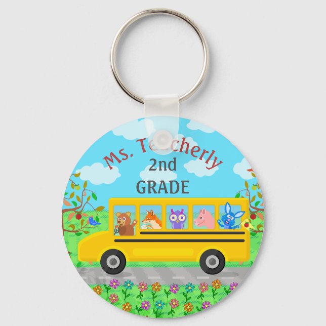 Teacher Thank You Custom Name | Cute Bus Animals Keychain (Front)