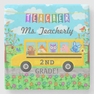 Teacher Thank You Custom Name   Cute Bus Animals Stone Coaster