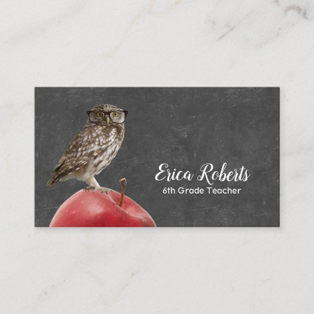 Teacher Tutor Nerdy Owl & Apple Chalkboard Business Card (Front)