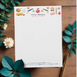 Teacher & Tutor School Supplies Icon Illustrations Letterhead<br><div class="desc">We’ve designed this adorable letterhead stationery perfect for teachers, tutors, learning, etc. Our design feature an array of our own icon illustrations depicting school supplies: scissors, erasers, glue, an apple, a painter's palette, a floral element, yellow school buses, paper tacks, crayons, and a pencil. Customize with your monogram initial that...</div>