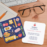Teacher & Tutor School Supplies Icon Illustrations Square Business Card<br><div class="desc">We’ve designed this adorable business card, perfect for teachers, tutors, learning, etc. Our design feature an array of our own icon illustrations depicting school supplies: scissors, erasers, glue, apple, painters palette, floral element, yellow school buses, paper tacks, crayons and pencil. Customize with your monogram initial that is placed on the...</div>