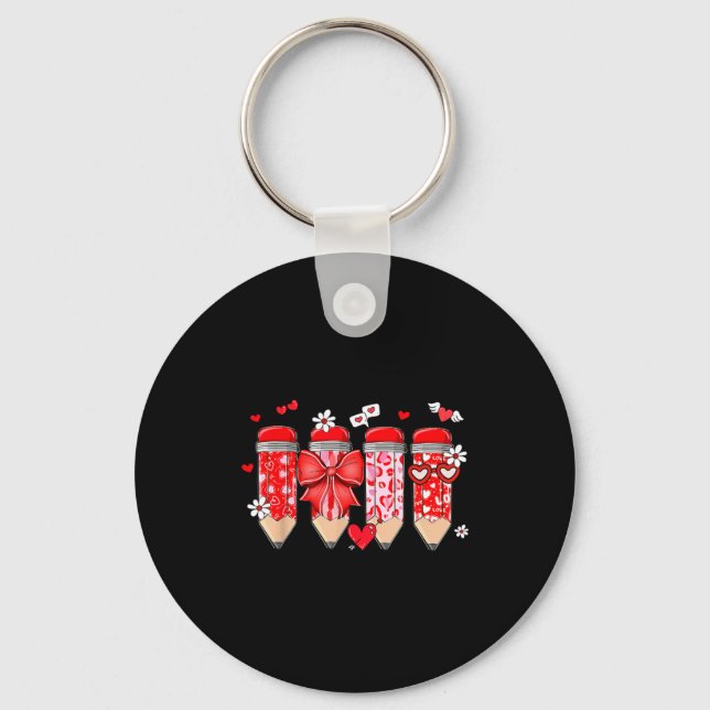 Teacher Valentine Coquette Bow Pencil Teacher Vale Keychain (Front)