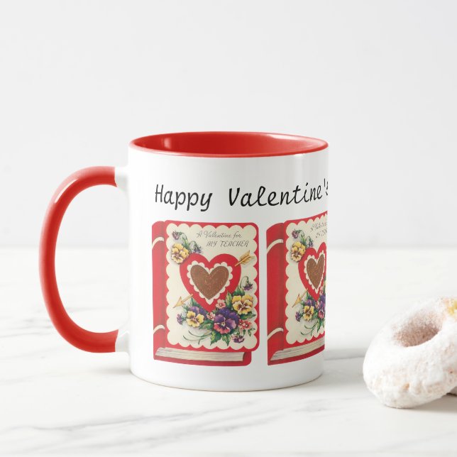 Teacher Valentine, Vintage Book Hearts and Flowers Mug (With Donut)