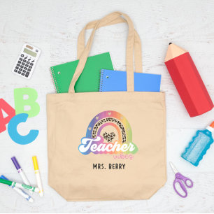 Teacher Vibes Rainbow Leopard Print Large Tote Bag