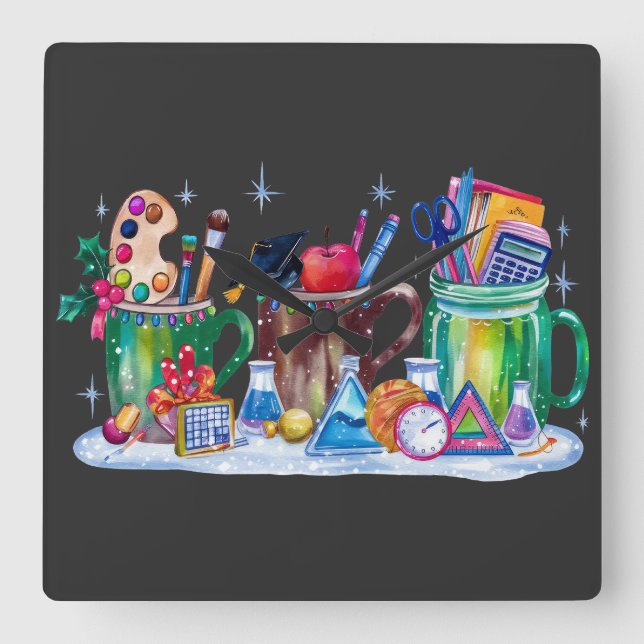 Teacher Xmas | Cup Merry Teacher Square Wall Clock (Front)