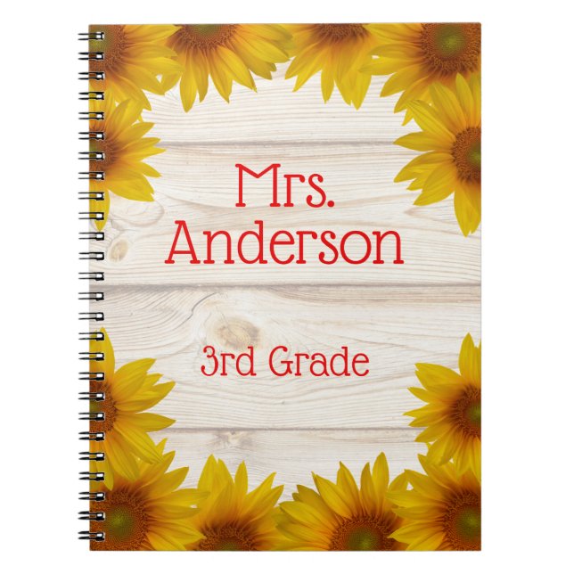 Teacher Yellow Daisies on Shiplap Notebook (Front)