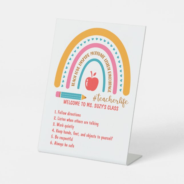 #Teacherlife Rainbow Personalized Classroom Rules Pedestal Sign (Front)