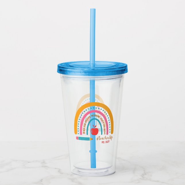 #Teacherlife Rainbow Personalized Teacher's Acrylic Tumbler (Front)