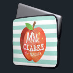 Teacher's Apple | Custom Name Laptop Sleeve<br><div class="desc">A fun and lighthearted seafoam green striped laptop case featuring a stylized apple illustration. Inside of this apple is your favourite teacher's name in a playful style font.</div>