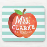 Teacher's Apple | Custom Name Mouse Pad<br><div class="desc">A fun and lighthearted seafoam green striped mouse pad featuring a stylized apple illustration. Inside of this apple is your favourite teacher's name in a playful style font.</div>