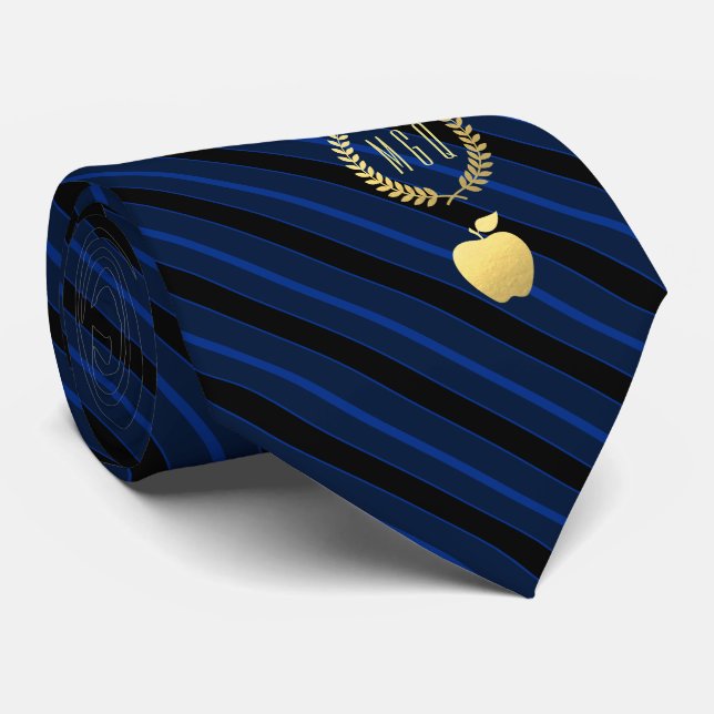 Teacher's Apple Monogram Deep Blue Striped Tie (Rolled)