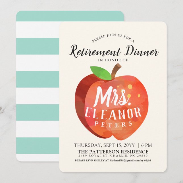Teacher's Apple Retirement Dinner Mint Invitation (Front/Back)