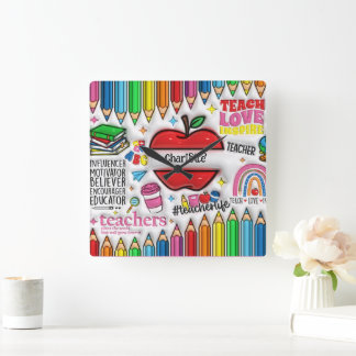 Teachers: Inspire, Grow,  Minds ,Hearts Square Wall Clock