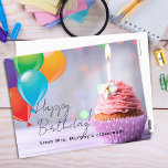 Teacher's Kids Birthday Postcard<br><div class="desc">Wish Happy Birthday to your students with this personalized postcard. Birthday cupcake with balloons and script and modern lettering. Blank back postcard to write a note.</div>
