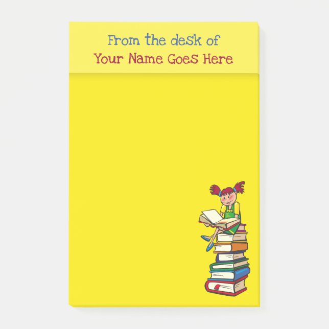 Teachers name desk note yellow books girl fun (Front)