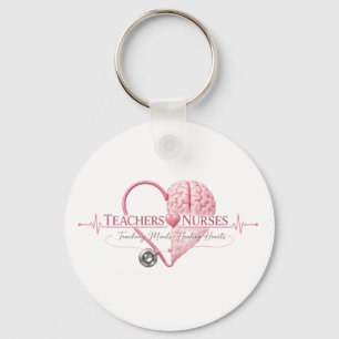 Teachers Nurses Heart Brain Pink Design Keychain