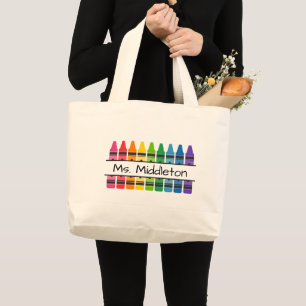 Teacher's Rainbow Crayons Personalized Large Tote Bag