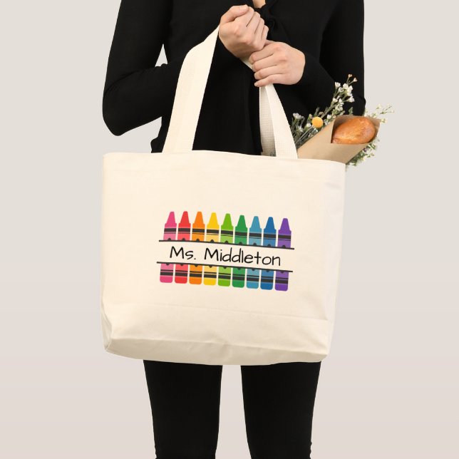 Teacher's Rainbow Crayons Personalized Large Tote Bag (Front (Product))