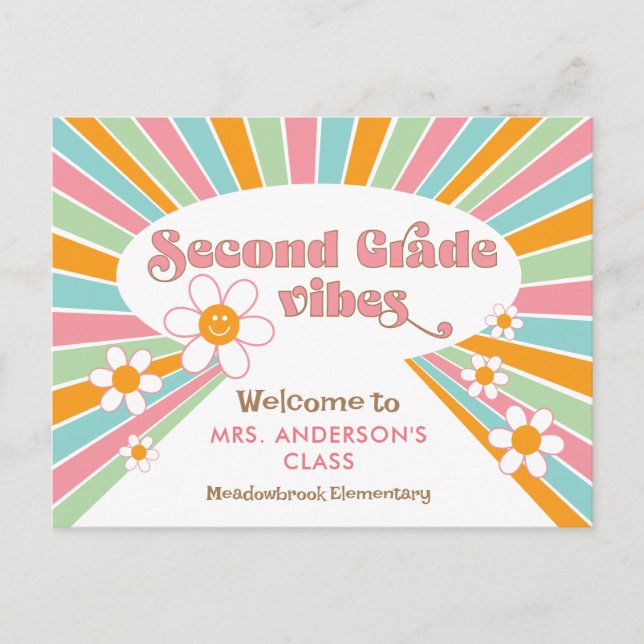 Teacher's Welcome to Second Grade 70s Retro Postcard (Front)