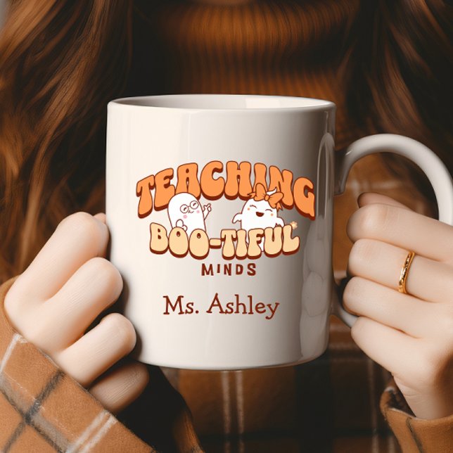 Teaching Boo-tiful Minds Retro Ghost Halloween  Coffee Mug (Teaching Boo-tiful Minds Funny Teacher Halloween mug. Can be personalized with name.)