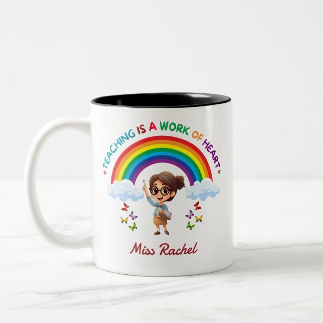 Teaching Is a Work of Heart Cute Rainbow Teacher Two-Tone Coffee Mug (Left)