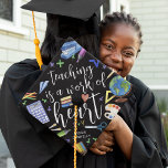 Teaching is a Work of Heart Teacher Graduation Cap<br><div class="desc">This graduation cap is a perfect way to congratulate the future teacher in your life. It features the saying, 'Teaching is a work of heart', and is adorned with rustic watercolor school-themed items such as a world globe, calculator with the class year, scissors, pens, and maths symbols. Additionally, the grad's...</div>