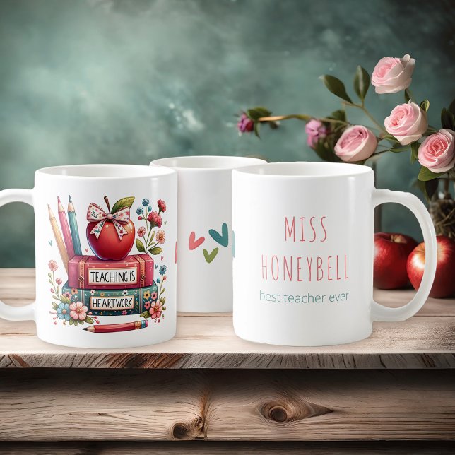 Teaching is Heartwork Colourful Personalized Mug (Teaching is Heartwork personalized gift for school teacher)