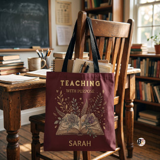 Teaching Purpose Vintage Botanical Book Maroon Tote Bag