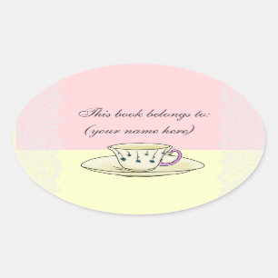 Teacup bookplate, round oval sticker
