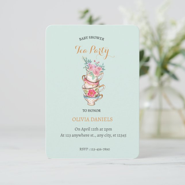 Teacup Floral Baby shower Tea Party Invitation (Debout devant)