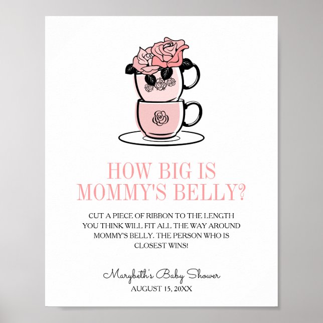 Teacup & Flowers Baby Shower Mommy's Belly Game Poster (Front)