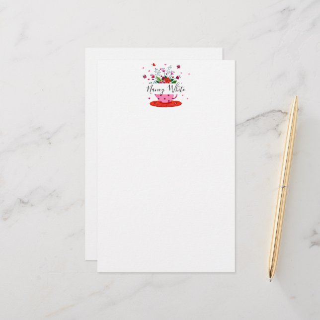 Teacup flowers personalized  stationery (Front/Back In Situ)