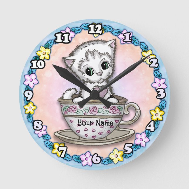 Teacup Kitten Cat Round Clock (Front)