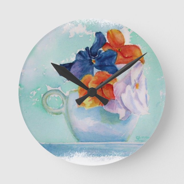 TEACUP OF PANSIES WALL CLOCK (Front)
