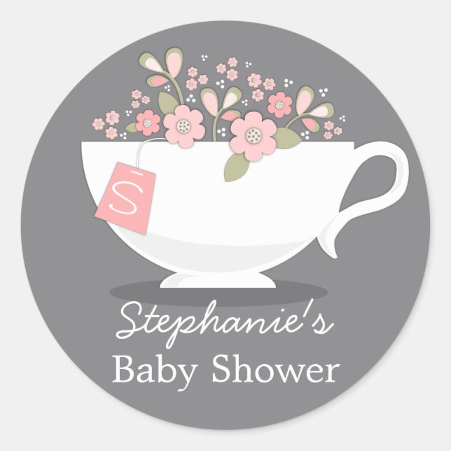 Teacup & Pink Floral Monogram Baby Shower Sticker (Front)