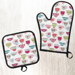 Teacup Retro Modern Pattern Oven Mitt & Pot Holder Set