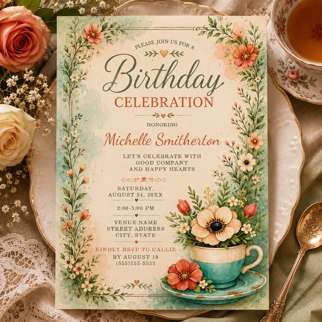Teacup Teal Cottagecore Birthday Invitation (Tea party birthday invitation)