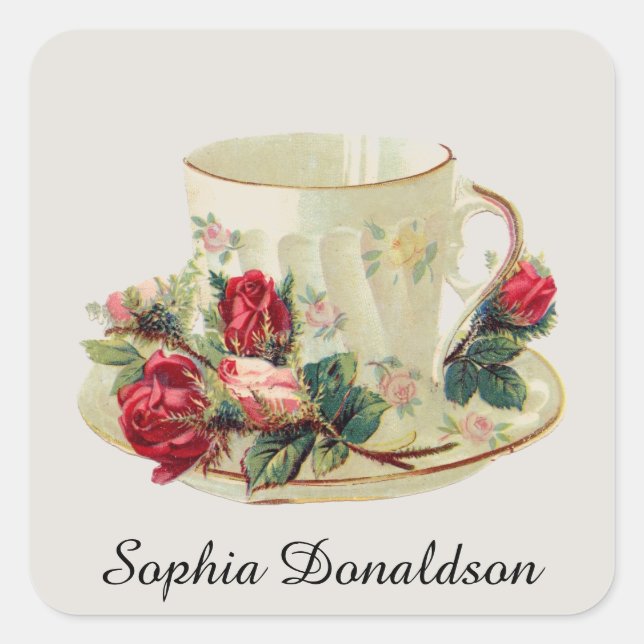 Teacup Vintage personnalisé et Autocollant Rose (Devant)